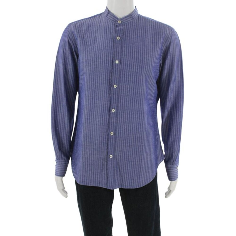 Giannetto Mens Crew Neck Striped Button Down Long Sleeve Shirt Blue Size 16.5